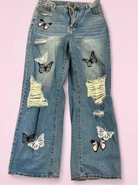 Butterfly Embroidered Wide-Leg Jeans in Blue